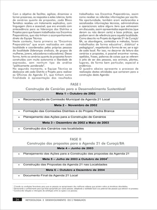 Com o objetivo de facilitar, agilizar, dinamizar e                                  trabalhados nos Encontros Preparatórios, assim
tornar prazerosa, as respostas a estes roteiros, tanto                              como receber as referidas informações por escrito.
de cenários quanto de propostas, cada Bloco                                         Na oportunidade, também eram esclarecidas e
Temático recebeu um tratamento explicativo, com                                     socializadas informações técnicas, administrativas
linguagem clara e acessível, que era enviado com                                    e operacionais sobre alguns itens que estivessem
antecedência para as lideranças dos Distritos e                                     em discussão, assim apresentadas experiências (que
Projetos para que fossem trabalhados nos Encontros                                  deram ou não deram certo) e boas práticas, que
Preparatórios, que não tinham o acompanhamento                                      podiam servir de referência para aquela localidade.
direto da Equipe Técnica.                                                           Como descrito no Projeto da Agenda 21 de Curaçá/
Neste contexto, havia primeiro os “Encontros                                        BA, as abordagens, conteúdos e métodos, foram
Preparatórios” que eram realizados em cada                                          trabalhados de forma educativa 1 , didática 2 e
localidade e coordenados pelas próprias pessoas                                     pedagógica3, respeitando a forma de ver, ser e agir
da localidade (lideranças sindicais, de grupos de                                   de cada local. Por isso, no decorrer da leitura dos
mulheres, jovens, educadoras e educadores). Dessa                                   cenários e propostas, é possível encontrar nomes,
forma, tanto os cenários quanto às propostas foram                                  apelidos, frases, palavras de coisas que se referem
construídas com muita autonomia e liberdade de                                      à jeito de ser das pessoas, aos animais, plantas,
expressão, sem nenhum tipo de análise                                               lugares, de forma bem particular, especial e
“politicamente ponderada”.                                                          endêmica.
No segundo momento, a Equipe Técnica se                                             O quadro abaixo apresenta o processo de
deslocava até cada Distrito e Projeto para realizar                                 realização destas atividades que somaram para a
as Oficinas da Agenda 21, que tinham como                                           construção desta Agenda:
finalidade à apresentação dos resultados

                                           FASE I
                  Construção de Cenários para o Desenvolvimento Sustentável
                                                       Hr‡hÃ Ã±ÃPˆ‡ˆi…‚ÃqrÃ!!Ã
         •     Recomposição da Comissão Municipal da Agenda 21 Local

                                                     Hr‡hÃ!ÃÃÃI‚‰r€i…‚ÃqrÃ!!Ã
         •     Formação das Comissões Distritais e do Projeto Pedra Branca

         •     Planejamento das Ações para a Construção de Cenários

                                      Hr‡hÃÃ±Ã9r“r€i…‚ÃqrÃ!!ÃhÃHhv‚ÃqrÃ!Ã
         •     Construção dos Cenários nas localidades



                                            FASE II
                   Construção das propostas para a Agenda 21 de Curaçá/BA
                                                         Hr‡hÃ#Ã±ÃEˆu‚ÃqrÃ!Ã
         •     Planejamento das Ações para a Construção das propostas da Agenda 21

                                      Hr‡hÃ$Ã±ÃEˆyu‚ÃqrÃ!ÃhÃPˆ‡ˆi…‚ÃqrÃ!#Ã
         •     Construção das Propostas da Agenda 21 nas Localidades

                                           Hr‡hÃ%Ã±ÃPˆ‡ˆi…‚ÃhÃ9r“r€i…‚ÃqrÃ!#Ã
         •     Documento Final da Agenda 21 Local



1
    Criando as condições favoráveis para que as pessoas se apropriassem dos melhores saberes que existem sobre as temáticas abordadas;
2
    Estruturando o conhecimento para que fosse apropriado por outras pessoas, adaptando a realidade local e ao potencial das pessoas que estavam no processo;
3
    Construindo relações e interações de satisfação entre as ações e as pessoas.



      24          METODOLOGIA E DESENVOLVIMENTO DO S TRABALHOS
 