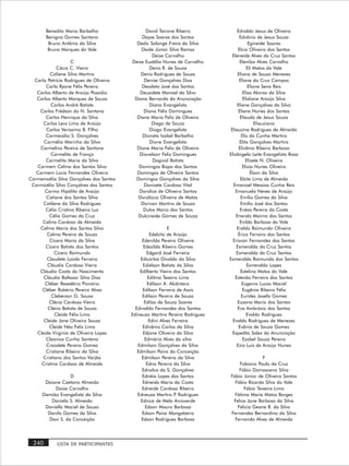 Benedito Maria Barbalho                 David Tairone Ribeiro               Edvaldo Jesus de Oliveira
       Benigna Gomes Santana                  Dayse Soares dos Santos               Edvânia de Jesus Souza
        Bruno Antônio da Silva             Dedic Solange Freire da Silva                  Egineide Soares
        Bruno Marques do Vale                Deide Júnior Silva Ramos               Elcio Oliveira dos Santos
                                                  Deise Carvalho                Eleneide Alves da Cruz Santos
                    C                    Deise Eustália Nunes de Carvalho            Elenilza Alves Carvalho
             Cácio C. Vieira                     Denis R. de Souza                       Eli Matos do Vale
         Caliene Silva Martins               Denis Rodrigues de Souza              Eliana de Souza Menezes
  Carla Patrícia Rodrigues de Oliveira         Denise Gonçalves Dias                Eliane da Cruz Campos
       Carla Ryane Félix Pereira             Deodato José dos Santos                      Eliane Sena Reis
   Carlos Alberto de Araújo Possidio         Deusidete Manoel da Silva                 Elias Alonso da Silva
   Carlos Alberto Marques de Souza        Diana Bernarda da Anunciação                 Elidiane Araújo Silva
          Carlos André Batista                   Diana Evangelista                 Eliene Gonçalves da Silva
    Carlos Frédson do N. Santana              Diana Félix Domingues                 Eliene Nunes dos Santos
       Carlos Henrique da Silva            Diane Maria Feliz de Oliveira             Elieuda de Jesus Souza
      Carlos Levy Lima de Araújo                  Diego de Souza                              Elieuziana
       Carlos Veríssimo B. Filho                 Diogo Evangelista             Elieuzina Rodrigues de Almeida
       Carmecelia S. Gonçalves                Dionata Izabel Barbalho                 Elis da Cunha Martins
      Carmélia Marinho da Silva                  Dione Evangelista                   Elita Gonçalves Martins
    Carmelino Pereira de Santana           Dione Maria Felix de Oliveira            Elivânia Ribeiro Barbosa
          Carmelita de França               Dionelson Felix Domingues         Elizângela Leite Evangelista Rosa
       Carmelita Maria da Silva                   Dogival Batista                        Elizete N. Oliveira
   Carmem Celma dos Santos Silva            Domingos Bispo dos Santos                 Elizia Nunes Oliveira
   Carmem Lúcia Fernandes Oliveira         Domingos de Oliveira Santos                      Élson da Silva
Carmemcélia Silva Gonçalves dos Santos     Domingos Gonçalves da Silva               Elzita Lima de Almeida
 Carmicélia Silva Conçalves dos Santos         Donizete Cardoso Vital           Emanoel Messias Cunha Reis
       Carmo Hipólito de Araújo             Doralice de Oliveira Santos           Emanuela Neves de Araújo
       Catiane dos Santos Silva             Doralúcia Oliveira de Matos              Emilio Gomes da Silva
      Catilene da Silva Rodrigues            Dorivan Martins de Souza                Emílio José dos Santos
       Célia Cristina Ribeiro Luz             Dulce Maria dos Santos                 Enéas Pereira da Costa
         Célia Gomes da Cruz                Dulcineide Gomes de Souza             Enenda Mairna dos Santos
     Celina Cardoso de Almeida                                                       Enildo Barbosa do Vale
    Celma Maria dos Santos Silva                            E                      Eraldo Raimundo Oliveira
        Celma Pereira de Souza                     Edelzita de Araújo               Érica Ferreira dos Santos
         Cícera Maria da Silva                Edenilda Pereira Oliveira         Erisvan Fernandes dos Santos
       Cícero Batista dos Santos               Edezilda Ribeiro Gomes             Esmeralda da Cruz Santos
            Cícero Raimundo                      Edgard José Ferreira             Esmeralda da Cruz Santos
        Claudete Loiola Ferreira             Edicarlos Givaldo da Silva       Esmeralda Raimunda dos Santos
        Cláudia Cardoso Vieira                 Edielson Batista da Silva                 Esmeraldo Lopes
    Cláudia Costa do Nascimento              Edilberto Vieira dos Santos             Estelina Matos do Vale
      Cláudio Baltazar Silva Dias                 Edilma Texeira Lima             Estevão Ferreira dos Santos
       Cléber Resedério Pionório                 Edílson A. Alcântara                 Eugenia Lucas Maciel
     Cléber Robério Pereira Alves              Edilson Ferreira de Assis               Eugênia Ribeiro Félix
          Cleberson G. Souza                  Edílson Pereira de Souza                Eurídes Josefa Gomes
         Clécia Cardoso Vieira                 Edilza de Souza Soares              Euzana Maria dos Santos
        Clécio Batista de Souza            Edinaldo Fernandes dos Santos           Eva Ambrósio dos Santos
            Cleide Félix Lima            Edineuza Martins Pereira Rodrigues              Evaldo Rodrigues
      Cleide Jane Oliveira Souza                  Edini Alves Ferreira          Evaldo Rodrigues de Menezes
         Cleide Néa Feliz Lima                Edivânio Carlos da Silva              Evânia de Souza Gomes
   Cleide Virginia de Oliveira Lopes           Edjane Oliveira da Silva         Expedita Sales da Anunciação
       Cleonice Cunha Santana                   Edmária Alves da silva                 Ezabel Souza Pereira
       Craodete Pereira Gomes               Edmilson Gonçalves da Silva            Ezio Luis de Araújo Nunes
       Cristiane Ribeiro da Silva           Edmilson Paiva da Conceição
      Cristiano dos Santos Varjão             Edmilson Pereira da Silva                      F
     Cristina Cardoso de Almeida                 Edna Pereira da Silva            Fabiano Paulo da Cruz
                                              Ednalva da S. Gonçalves             Fábio Damasceno Silva
                 D                            Ednéia Lopes dos Santos         Fábio Júnior de Oliveira Santos
      Daiane Caetano Almeida                  Edneida Maria da Costa            Fábio Ricardo Silva do Vale
          Daize Carvalho                      Edneide Cardoso Ribeiro               Fábio Teixeira Lima
     Damião Evangelista da Silva            Edneuza Martins P Rodrigues
                                                                .               Fátima Maria Matos Borges
        Daniela S. Almeida                   Ednice de Melo Arcoverde          Felice Jane Barbosa da Silva
      Daniella Maciel de Souza                  Edson Mauro Barbosa              Felicia Geane B. da Silva
       Danilo Gomes da Silva                  Edson Paiva Mangabeira          Fernandes Bernardino da Silva
       Davi S. da Conceição                   Edson Rodrigues Barbosa           Fernando Alves de Almeida




 240        LISTA DE PARTICIPANTES
 