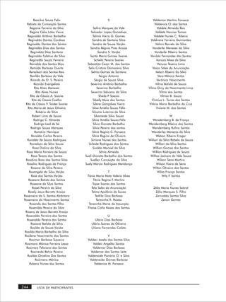 Reacilva Souza Felix                      S                        Valdenice Martins Fonseca
    Rebisto da Conceição Santos                                               Valdenice O. dos Santos
       Regiane Ferreira da Silva            Safira Marques do Vale              Valdete Almeida Reis
       Regina Célia Lobo Vieira           Salvador Lopes Gonsalves             Valdete Narciso Tomaz
    Reginaldo Antônio Barbalho              Sâmia Vieira G. Gomes             Valdete Nunes C. Ribeiro
     Reginaldo Dantas Cardoso              Sandra de Santana Silva         Valdirene Ferreira Guimarães
    Reginaldo Dantas dos Santos            Sandra de Souza Varjão              Valmir Barreto da Silva
      Reginaldo Dias dos Santos          Sandra Regina Pires Araújo         Vanderlei Menezes da Silva
        Reginaldo Dias Santana                  Sandra S. Varjão              Vanderlei Ribeiro Santos
     Reginaldo Falstino da Silva         Santa Maria Gomes Soares         Vanildo Fernandes dos Santos
       Reginaldo Souza Ferreira              Scheila Pereira Soares            Vanuza Alvez da Silva
       Reinaldo dos Santos Dias        Sebastião Cezar M. dos Santos            Vanuza Texeira Lima
       Remildo Barbosa Duarte           Selis Cristina Damaceno Silva       Vasco Sales da Anunciação
      Renailson dos Santos Reis           Selma Gomes de Santana               Velson Ribeiro da Silva
       Renildo Barbosa do Vale                   Sergio Antonio                  Vera Mônica Santos
        Ricardo de O. S. Pereira             Sérgio de Souza Silva              Verônica Nascimento
           Ricardo Evangelista           Severino Antônio Barbalho             Vilma Batista de Souza
           Rita Alves Menezes                  Severino Barbalho         Vilma Dircy do Nascimento Lima
            Rita Alves Nunes              Severino Salviano da Silva              Vilma dos Santos
       Rita de Cássia A. Soares                  Sheila P Soares
                                                         .                         Vilmar B. Souza
         Rita de Cássia Coelho              Sibelly Maia dos Santos         Vinícius L. Torres dos Santos
   Rita de Cássia V. Taides Soares          Silene Gonçalves Vieira      Vitória Maria Barbalho da Cruz
     Rita Maria de Jesus Oliveira          Silva Amélia Souza Félix            Viviane M. dos Santos
             Robério da Silva              Silvana Luterina da Silva
         Robert Lima de Souza                Silvaneide Silva Souza                       W
          Rodrigo C. Almeida               Sílvia Amélia Souza Felix        Wandemberg B. de França
           Rodrigo Leal de Sá               Sílvia Dionata Barbalho      Wandemberg Ribeiro dos Santos
        Rodrigo Souza Marques              Sílvia Pereira dos santos       Wandemberg Rufino Santos
           Romário Henrique                Silvia Regina C. Fonseca       Wanderley Menezes da Silva
        Ronaldo Carlos Pereira             Sílvia Regina de Oliveira           Welson Ribeiro Kroger
    Ronaldo de Souza Rodrigues            Simone Nunes dos Santos        Willian da Silva Rabelo de Souza
       Ronielson da Silva Souza         Sirleide Rodrigues dos Santos          Willian da Silva Santos
         Rosa Diolino da Silva             Sivaldo Manoel da Silva          Willian Gomes dos Santos
   Rosa Maria Ferreira de Souza                   Sônia Almeida            Willian Rodrigues de Souza
        Rosa Tereza dos Santos       Sueli Dionata Barbalho dos Santos    Willias Jackson do Vale Souza
   Rosalina Rosa dos Santos Silva        Suellen Conceição da Silva             Wilson Sena Martins
    Rosalvo Rodrigues da França      Suely Márcia Rodrigues Mendonça           Wilson Vieira de Sena
        Rosana da Silva Pereira                                             Wilton Oliveira dos Santos
      Rosangela da Silva Varjão                       T                         Wilza França Santos
        Rose dos Santos Varjão        Tânia Maria Mota Valério Alves                Wrly F. Santos
     Roseane Batista dos Santos            Tânia Regina F. Martins
       Roseane da Silva Santos            Tayse Soares dos Santos                       Z
         Roseli Pereira da Silva         Tela Sales da Anunciação           Zélia Maria Nunes Sobral
     Rosely Jesus Barreto Araújo         Telma Apolônio de Souza             Zélio Marques S. Filho
 Rosemeire da S. Santos Alcântara           Teófilo Dico Barbosa             Zenivaldo Santos Silva
 Rosemeire do Nascimento Santos              Teresinha R. Paixão                  Zenon Gomes
      Rosendo dos Santos Filho         Terezinha Maria da Assunção
      Rosenilda Pereira da Silva      Thaíse Carla Neves dos Santos
  Roseny de Jesus Barreto Araújo
   Rosevaldo Ferreira dos Santos                    U
    Rosevaldo Pereira dos Santos           Ulário Dias Barbosa
        Rosiane Batista da Silva         Ulário Soares de Oliveira
       Rosilda de Souza Varjão           Urlano Fernandes Calisto
  Rosilda Maria Barbalho da Silva
  Rosilene Nascimento dos Santos                     V
      Rosimar Barbosa Siqueira        Valdeci Josefa dos Santos Silva
  Rosimara Mônica Ferreira Lessa          Valdeir Angelita Santos
   Rosimery Feliciano dos Santos         Valdemar Dias Barbosa
        Rosineida Bahia Pereira         Valdemar dos Santos Leite
    Rozilda Orcelina Dos Santos       Valdenaide Pionório O. e Silva
            Rozimara Mônica            Valdeneide Gomes Barbosa
      Rubens Nunes dos Santos              Valdenice M. Fonseca




244       LISTA DE PARTICIPANTES
 