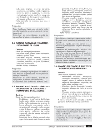 · Arbóreas: angico, aroeira, baraúna,                            (parasita), favo, feijão bravo, frade, icó,
       caraibeira, carnaúba, freijó, ingazeira,                       jericó, jetirana, jurema preta, jureminha,
       jamerim, jatobá, juazeiro, marizeiro,                          mandioca brava, maniçoba, marmeleiro,
       mulungú, pau branco, pau ferro, pau preto,                     moleque duro, mucunã, muquém, quebra
       pau de aquã, pau d’arco, pereiro, quixabeira,                  faca, strepe e xiquexique.
                                                                    · Arbóreas: angelim, angico, araticum
       sete cascas, umburana e umbuzeiro.
                                                                      cagão, aroeira, baraúna, calumbi,
     Falta controle no manejo, que não é                              caraibeira, carqueja, catingueira,
     sustentável.                                                     espinheiro, facheiro, faveleira, imbira,
Propostas                                                             imbiraçu, joazeiro, jurema preta,
                                                                      mandacaru, pajeú, pau d’arco, pau de
 Fazer fiscalização rígida para não cortar e não                      colher, pau ferro, pereiro, quixabeira e
 derrubar as plantas sem ter um plano de manejo                       sete cascas.
 sustentável.                                                       Falta manejo sustentável.
 Incentivar as comunidades, através de                     Propostas
 campanhas, a fazerem reflorestamento.
                                                             Trabalhar com cursos para gerar outros fundos
                                                             de renda como: apicultura, artesanato e corte e
                                                             costura.
3.4. PLANTAS CULTIVADAS E SILVESTRES                         Fiscalização rígida para não cortar e não
      PRODUTORAS DE LENHA                                    derrubar as plantas sem ter um plano de manejo
                                                             sustentável.
     Cenários                                                Incentivar as comunidades, através de
     Desse tipo de vegetação existem:                        campanhas, a fazerem reflorestamento.
     · Arbustivas: favela, jurema preta, marmeleiro,         Não criar mais animais do que é possível,
       pereiro e quebra facão.                               controlar o manejo do rebanho, por exemplo,
                                                             apenas um caprino por hectare.
     · Arbóreas: angico, aroeira, candeia,
                                                             Promover nas escolas a conscientização das
       catingueira, ingazeira, jatobá, juazeiro,
                                                             gerações futuras, envolvendo todas as ações de
       jureminha, marizeiro, muquém, quixabeira,             educação nesse processo.
       umburana e umbuzeiro.
       Não há manejo sustentável.                          3.6. PLANTAS CULTIVADAS E SILVESTRES
Propostas                                                        COM UTILIDADES MEDICINAIS
 Realizar fiscalização rígida para não cortar e
                                                                 Cenários
 não derrubar as plantas sem ter um plano de
                                                                 Desse tipo de vegetação existem:
 manejo sustentável.                                                · Herbáceas: alfavaca, amargoso,
 Incentivar as comunidades, através de                                cansanção, carrapicho, crista de galo,
 campanhas, a fazerem reflorestamento.                                macela, mastruço, melancia da praia,
 Conscientizar para a utilização de forno solar.                      melão de são caetano, muçambê, pai
                                                                      pedro, picão e pinhão roxo.
3.5. PLANTAS CULTIVADAS E SILVESTRES                                · Arbustivas: alecrim do campo, candeia,
     PRODUTORAS DE FORRAGENS E                                        carqueja, fedegoso de cheiro e jurema
                                                                      preta.
     FORMADORAS DE PASTAGENS
                                                                    · Arbóreas: ameixa, aroeira, catingueira,
                                                                      jatobá, morroró, perreiro, quebra facão,
     Cenários
                                                                      quina-quina, quixabeira, umburana de
     Desse tipo de vegetação existem:                                 cheiro e umbuzeiro.
       · Herbáceas - ervas/capins: beldoelga,                    A maioria encontra-se em extinção no distrito
         bredo, capins (alpiste, amargoso, angola,               por conta da falta de manejo sustentável.
         bufão, buffel, cabeludo, de arranca, de
         burro, elefante, marmelada, mole e
         sempre verde), caixacubri, malva branca,          Propostas
         malva de bezerro, malvão, macambira,                Implementar fiscalização rígida para não cortar
         mata pasto, melancia de praia,                      e não derrubar as plantas sem ter um plano de
         muçambê, rabo de raposa, palmatória,                manejo sustentável.
         quipá e tiririca.                                   Incentivar as comunidades, através de
       · Arbustivas: burra leiteira, camará, cipó            campanhas de conscientização, a fazerem
         roxo, cipó amarelo, cipó d´água, enxerto            reflorestamento.



Sede de Curaçá                                   I. Utilização e Gestão Sustentável dos Recursos Naturais   37
 