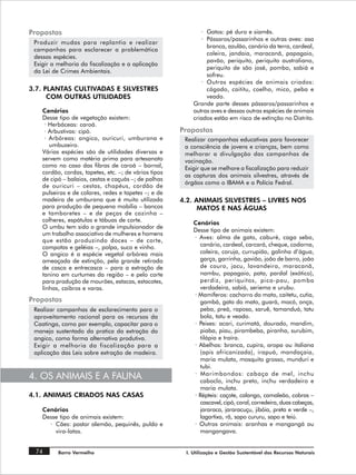 Propostas                                                     · Gatos: pé duro e siamês.
                                                              · Pássaros/passarinhos e outras aves: asa
 Produzir mudas para replantio e realizar
                                                                branca, azulão, canário da terra, cardeal,
 campanhas para esclarecer a problemática
                                                                coleira, jandaia, maracanã, papagaio,
 dessas espécies.
                                                                pavão, periquito, periquito australiano,
 Exigir a melhoria da fiscalização e a aplicação
                                                                periquito de são josé, pombo, sabiá e
 da Lei de Crimes Ambientais.
                                                                sofreu.
                                                              · Outras espécies de animais criados:
3.7. PLANTAS CULTIVADAS E SILVESTRES                            cágado, caititu, coelho, mico, peba e
      COM OUTRAS UTILIDADES                                     veado.
                                                           Grande parte desses pássaros/passarinhos e
    Cenários                                               outras aves e dessas outras espécies de animais
    Desse tipo de vegetação existem:                       criados estão em risco de extinção no Distrito.
     · Herbáceas: caroá.
     · Arbustivas: cipó.                               Propostas
     · Arbóreas: angico, ouricuri, umburana e           Realizar campanhas educativas para favorecer
       umbuzeiro.                                       a consciência de jovens e crianças, bem como
    Várias espécies são de utilidades diversas e        melhorar a divulgação das campanhas de
    servem como matéria prima para artesanato           vacinação.
    como no caso das fibras de caroá – bornal,          Exigir que se melhore a fiscalização para reduzir
    cordão, cordas, tapetes, etc. –; de vários tipos
                                                        as capturas dos animais silvestres, através de
    de cipó – balaios, cestas e caçuás –; de palhas
                                                        órgãos como o IBAMA e a Polícia Fedral.
    de ouricuri – cestas, chapéus, cordão de
    pulseiras e de colares, redes e tapetes –; e de
    madeira de umburana que é muito utilizada          4.2. ANIMAIS SILVESTRES – LIVRES NOS
    para produção de pequena mobília – bancos                MATOS E NAS ÁGUAS
    e tamboretes – e de peças de cozinha –
    colheres, espátulas e tábuas de corte.                 Cenários
    O umbu tem sido o grande impulsionador de
                                                           Desse tipo de animais existem:
    um trabalho associativo de mulheres e homens
                                                           · Aves: alma de gato, caburé, caga sebo,
    que estão produzindo doces – de corte,
    compotas e geléias –, polpa, suco e vinho.               canário, cardeal, carcará, cheque, codorna,
    O angico é a espécie vegetal arbórea mais                coleira, coruja, currupião, galinha d’água,
    ameaçada de extinção, pela grande retirada               garça, garrinha, gavião, joão de barro, joão
    de casca e entrecasca – para a extração de               de couro, jacu, lavandeira, maracanã,
    tanino em curtumes da região – e pelo corte              nambu, papagaio, pata, pardal (exótico),
    para produção de mourões, estacas, estacotes,            perdiz, periquitos, pica-pau, pomba
    linhas, caibros e varas.                                 verdadeira, sabiá, seriema e urubu.
                                                           · Mamíferos: cachorro do mato, caitetu, cutia,
Propostas                                                    gambá, gato do mato, guará, mocó, onça,
 Realizar campanhas de esclarecimento para o                 peba, preá, raposa, saruê, tamanduá, tatu
 aproveitamento racional para os recursos da                 bola, tatu e veado.
 Caatinga, como por exemplo, capacitar para o              · Peixes: acari, curimatá, dourado, mandim,
 manejo sustentado da pratica da extração do                 piaba, piau, pirambeba, piranha, surubim,
 angico, como forma alternativa produtiva.                   tilápia e traíra.
 Exigir a melhoria da fiscalização para a                  · Abelhas: branca, cupira, oropa ou italiana
 aplicação das Leis sobre extração de madeira.               (apis africanizada), irapuá, mandaçaia,
                                                             maria mulata, mosquito grosso, munduri e
                                                             tubi.
4. OS ANIMAIS E A FAUNA                                    · Marimbondos: cabaça de mel, inchu
                                                             caboclo, inchu preto, inchu verdadeiro e
                                                             maria mulata.
4.1. ANIMAIS CRIADOS NAS CASAS                             · Répteis: caçote, calango, camaleão, cobras –
                                                             cascavel, cipó, coral, corredeira, duas cabeças,
    Cenários                                                 jararaca, jararacuçu, jibóia, preta e verde –,
    Desse tipo de animais existem:                           lagartixa, rã, sapo cururu, sapo e teiú.
      · Cães: pastor alemão, pequinês, puldo e             · Outros animais: aranhas e mangangá ou
        vira-latas.                                          mangangava.


 74       Barro Vermelho                                I. Utilização e Gestão Sustentável dos Recursos Naturais
 