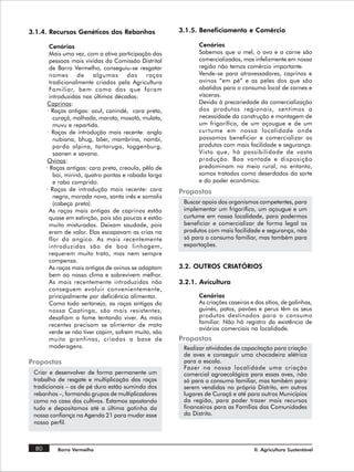 3.1.4. Recursos Genéticos dos Rebanhos                 3.1.5. Beneficiamento e Comércio

         Cenários                                            Cenários
         Mais uma vez, com a ativa participação das          Sabemos que o mel, o ovo e a carne são
         pessoas mais vividas da Comissão Distrital          comercializados, mas infelizmente em nossa
         de Barro Vermelho, conseguiu-se resgatar            região não temos comércio importante.
         nomes       de    algumas      das   raças          Vende-se para atravessadores, caprinos e
         tradicionalmente criadas pela Agricultura           ovinos “em pé” e as peles dos que são
         Familiar, bem como das que foram                    abatidos para o consumo local de carnes e
         introduzidas nas últimas décadas:                   vísceras.
        Caprinos:                                            Devido à precariedade da comercialização
        · Raças antigas: azul, canindé, cara preta,          dos produtos regionais, sentimos a
           curaçá, malhada, marota, moxotó, mulata,          necessidade da construção e montagem de
           muvu e repartida.                                 um frigorífico, de um açougue e de um
        · Raças de introdução mais recente: anglo            curtume em nossa localidade onde
           nubiana, bhug, bôer, mambrina, nambi,             possamos beneficiar e comercializar os
           parda alpina, tartaruga, toggenburg,              produtos com mais facilidade e segurança.
           saanen e savana.                                  Visto que, há possibilidade de vasta
        Ovinos:                                              produção. Boa vontade e disposição
       · Raças antigas: cara preta, creoula, pêlo de         predominam no meio rural, no entanto,
           boi, mirinó, quatro pontas e rabada larga         somos tratados como deserdados da sorte
           e rabo comprido.                                  e do poder econômico.
       · Raças de introdução mais recente: cara        Propostas
           negra, morada nova, santa inês e somalis
           (cabeça preta).                              Buscar apoio dos organismos competentes, para
         As raças mais antigas de caprinos estão        implementar um frigorífico, um açougue e um
         quase em extinção, pois são poucas e estão     curtume em nossa localidade, para podermos
         muito misturadas. Deixam saudade, pois         beneficiar e comercializar de forma legal os
         eram de valor. Elas escapavam as crias na      produtos com mais facilidade e segurança, não
         flor do angico. As mais recentemente           só para o consumo familiar, mas também para
         introduzidas são de boa linhagem,              exportações.
         requerem muito trato, mas nem sempre
         compensa.
         As raças mais antigas de ovinos se adaptam    3.2. OUTROS CRIATÓRIOS
         bem ao nosso clima e sobrevivem melhor.
         As mais recentemente introduzidas não         3.2.1. Avicultura
         conseguem evoluir convenientemente,
         principalmente por deficiência alimentar.           Cenários
         Como todo sertanejo, as raças antigas da            As criações caseiras e dos sítios, de galinhas,
         nossa Caatinga, são mais resistentes,               guinés, patos, pavões e perus têm os seus
         desafiam a fome tentando viver. As mais             produtos destinados para o consumo
         recentes precisam se alimentar de mato              familiar. Não há registro da existência de
                                                             aviários comerciais na localidade.
         verde se não tiver capim, sofrem muito, são
         muito granfinas, criadas a base de            Propostas
         moderagens.                                    Realizar atividades de capacitação para criação
                                                        de aves e conseguir uma chocadeira elétrica
Propostas                                               para a escola.
                                                        Fazer na nossa localidade uma criação
 Criar e desenvolver de forma permanente um             comercial agroecológica para essas aves, não
 trabalho de resgate e multiplicação das raças          só para o consumo familiar, mas também para
 tradicionais – as de pé duro estão sumindo dos         serem vendidas no próprio Distrito, em outros
 rebanhos –, formando grupos de multiplicadores         lugares de Curaçá e até para outros Municípios
 como no caso dos cultivos. Estamos apostando           da região, para poder trazer mais recursos
 tudo e depositamos até a última gotinha da             financeiros para as Famílias das Comunidades
 nossa confiança na Agenda 21 para mudar esse           do Distrito.
 nosso perfil.



  80       Barro Vermelho                                                          II. Agricultura Sustentável
 