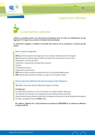 2          3


                                                                       L’approche collective



                La démarche collective
      L’Ordre a souhaité porter une démarche participative dans le cadre de l’élaboration de son
      Agenda 21. Il s’agit d’une première à l’échelon de la profession.

      La démarche engagée a mobilisé l’ensemble des acteurs de la profession à chaque grande
      phase :


         Dans le cadre du diagnostic :

              géomètres-experts interrogés lors d’une enquête réalisée dans les 18 régions
            partenaires institutionnels de l’OGE interviewés lors d’entretiens en face à face
          Ministères /services de l’État
          Syndicats /groupements de géomètres-experts
          Écoles
          Professions voisines
          Associations partenaires
              clients privés et publics questionnés lors d’une enquête téléphonique
              salariés des cabinets consultés au moyen d’une enquête en ligne


         Dans le cadre de la définition des axes de progrès et des indicateurs :

         10 ateliers organisés dans les différentes régions ordinales

         Un blog pour :
          les géomètres-experts qui n’ont pu participer aux ateliers-débats régionaux,
          les salariés des cabinets, des enseignants et des étudiants dans les écoles,
          les partenaires de la profession et les clients, prospects et donneurs d’ordres des géomètres-experts.
         Ce blog a enregistré près de 3 600 visites.

         Par ailleurs, l’Agenda 21 a été présenté aux services du MEEDDM et au cabinet du Ministre
         en février 2010.




L’Agenda 21 des géomètres-experts
 