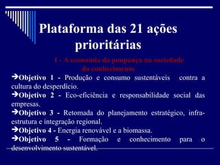 Plataforma das 21 ações
              prioritárias
                I - A economia da poupança na sociedade
                         do conhecimento
Objetivo 1 - Produção e consumo sustentáveis contra a
cultura do desperdício.
Objetivo 2 - Eco-eficiência e responsabilidade social das
empresas.
Objetivo 3 - Retomada do planejamento estratégico, infra-
estrutura e integração regional.
Objetivo 4 - Energia renovável e a biomassa.
Objetivo 5 - Formação e conhecimento para o
desenvolvimento sustentável.
 