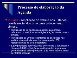 Processo de elaboração da
            Agenda
 2a. Fase - Ampliação do debate nos Estados
  brasileiros tendo como base o documento
  síntese.
     Realização de 26 audiências públicas para incluir,
      reformular ou excluir as estratégias e ações do documento
      síntese.
     Participação de 200 representantes da sociedade nas
      audiências estaduais, envolvendo cerca de 1000
      representantes na fase preparatória.
     5.839 propostas consensuadas envolvendo a participação
      direta de 3.880 instituições e entidades dos segmentos
      governamental, civil e produtivo, e de forma indireta cerca
      de 40.000 pessoas.
 