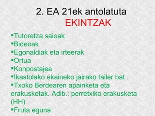 2. EA 21ek antolatuta
EKINTZAK
Tutoretza saioak
Bideoak
Egonaldiak eta irteerak
Ortua
Konpostajea
Ikastolako ekaineko jairako tailer bat
Txoko Berdearen apainketa eta
erakusketak. Adib.: perretxiko erakusketa
(HH)
Fruta eguna
 