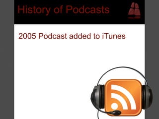 History of Podcasts

2005 Podcast added to iTunes
 