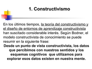 1. Constructivismo En los últimos tiempos,  la teoría del constructivismo y el diseño de entornos de aprendizaje constructivista  han suscitado considerable interés. Según Bodner, el modelo constructivista de conocimiento se puede resumir en la siguiente frase:  Desde un punto de vista constructivista, los datos que percibimos con nuestros sentidos y los esquemas cognitivos  que utilizamos para explorar esos datos existen en nuestra mente. 
