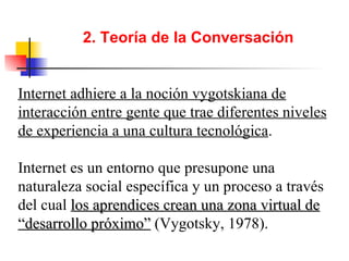 2. Teoría de la Conversación Internet adhiere a la noción vygotskiana de interacción entre gente que trae diferentes niveles de experiencia a una cultura tecnológica . Internet es un entorno que presupone una naturaleza social específica y un proceso a través del cual  los aprendices crean una zona virtual de “desarrollo próximo”  (Vygotsky, 1978). 