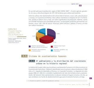 agenda zonal
                                                                                                                                     5



                                    En uso del suelo para la producción, según el INEC-ESPAC 20072, el sector agrícola, ganade-
                                    ría, de caza y silvicultura dispone de 475.128 hectáreas para cultivos permanentes.
                                    Entre los cultivos más representativos de la Zona están el banano, cacao, café, caña de azúcar
                                    y naranja, en la provincia de Bolívar. Para cultivos transitorios se dispone de 527.712 hectá-
                                    reas, donde se cultivan arroz y maíz, con rubros significativos de producción. Además, cuenta
                                    con 676.887 hectáreas para actividades pecuarias. Los principales productos permanentes son
                                    banano, cacao, café, caña de azúcar, maracuyá, palma africana y plátano. El arroz y el maíz
                                    son cultivos transitorios.

Gráfico No 2:                                     10,96
Principales industrias			
aportantes al VAB			                                                                        22,68
Zona de Planificación 5
                                          13,25
Fuente: Cuentas Nacionales, Banco
Central (2007).
Elaboración: SENPLADES,
Subsecretaría Zona 5.                                                               21,34

                                         Industrias manufactureras                   Comercio al por mayor
                                         (excluye refinación de petróleo)            y menor
                                         Transporte, almacenamiento                  Agricultura, ganadería, caza
                                         y comunicaciones                            y silvicultura



                          2.3. Sistema de asentamientos humanos

                                    2.3.1. El poblamiento y la distribución del crecimiento
                                                  urbano en la historia regional
                                    La historia del Ecuador indica que los primeros asentamientos humanos en la Zona ocurrieron en
                                    la provincia de Santa Elena. Valdivia es identificada como la primera cultura ecuatoriana (3.000
                                    años a.C.), seguida de Machalilla y Chorrera, en el periodo Formativo. La dispersión de estos
                                    grupos (500 a.C.-500 d.C.) consolidó el poblamiento del resto del territorio zonal y, posterior-
                                    mente, del nacional. Estos asentamientos se ubicaron siempre en lugares cercanos a los ríos, ya
                                    que constituían una fuente de abastecimiento de agua para el consumo humano y el riego.
                                                                                                                                                        29

                                    2	 Encuesta de superficie y producción agropecuaria continua.


                                                                                                Provincias de Bolívar, Guayas, Los Ríos y Santa Elena
 