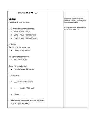 PRESENT SIMPLE
WRITING
Example: (I play soccer)
1. Choose the correct structure
 Noun + verb + noun
 Verb + noun + complement
 Noun + verb + complement
2. Circle:
The noun in the sentences:
 I study in my house
The verb in the sentences
 You listen music
Circle the complement:
 I speak in the classroom
3. Complete:
 ___ study for the exam
 I ____ soccer in the park
 I listen _____
4. Make three sentences with the following
nouns ( you, we, they)
Reconoce la estructura del
presente simple y las categorías
gramaticales usadas.
Escribe oraciones sencillas con
vocabulario conocido.
 