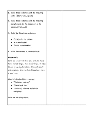 5. Make three sentences with the following
verbs ( Study, write, speak)
6. Make three sentences with the following
complements (in the classroom, in the
street, at the beach)
7. Order the followings sentences:
 Cook/you/in the kitchen
 At school/dance/I
 We/the homework/do
8. Write 5 sentences in present simple.
LISTENING
Hank is a cowboy. He lives on a farm. He has a
horse named Ginger. Hank loves Ginger. He rides
Ginger every day. Sometimes they walk slowly,
and sometimes they run fast. They always have
a good time.
After to listen the history, answer:
 What does hank do?
 Where hank lives?
 What thing do hank with ginger
everyday?
Write the following words:
 