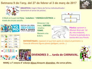 Setmana 9 de l’any, del 27 de febrer al 3 de març de 2017
MARÇ: a l’ estona d’ esbarjo dijous bàsquet; divendres dia sense pilota.
MATEMÀTIQUES, repassem el que hem après en relació al perímetre i a
l’àrea de diferents figures planes (polígons, cercle...)
A Medi en la part de Física treballem l’ ENERGIA ELÈCTRICA a
través de circuits senzills.
DIVENDRES 3 ... tarda de CARNAVAL.
Dimecres 1 de
març : SORTIDA
(matí) a
YOMO.
Marxem a les
8:45 h.
Plàstica: aprenem a
dibuixar dracs per tal
de, més endavant,
il·lustrar la portada de la
revista dels Jocs Florals.
BIBLIOTECA: Llegim llibres de forma individualitzada i
fomentem el servei de préstec.
 