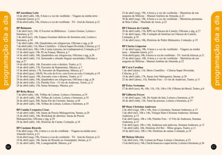 66 67
programaçãodiaadia
programaçãodiaadia
BPAureliano Leite
14 de abril (sáb), 14h, A hora e a vez do vestibular – Viagens na minha terra –
Almeida Garret, p.21
28 de abril (sáb), 14h,Ahora e a vez do vestibular – Til – José deAlencar, p.21
BP Belmonte
3 de abril (ter), 14h, O Escritor na Biblioteca – Lenice Gomes, Leitura e
literatura, p.33
3 de abril (ter), 14h, Espaço Gourmet delícias da literatura oral, Leitura e
literatura, p.34
7 de abril (sáb), 10h, Quadrinhos em xilogravura, Oficinas e rpg, p.26
7 de abril (sáb), 11h, Show Científico – Ciência Super Divertida, Ciências, p.12
10 de abril (ter), 10h e 14h, Contar é preciso, ler é indispensável, Contação, p.17
12 de abril (qui), 19h, Pé na França, Música, p.7
14 de abril (sáb), 10h, Quadrinhos em xilogravura, Oficinas e rpg, p.26
14 de abril (sáb), 11h, Semeando e afiando línguas encantadas, Oficinas e
rpg, p.27
14 de abril (sáb), 14h, Encontro com o destino, Teatro, p.11
14 de abril (sáb), 17h, Encontro de Repentistas, Música, p.7
15 de abril (dom), 17h, Encontro de Repentistas, Música, p.7
18 de abril (qua), 14h30, No colo do livro, com livros ao colo, Contação, p.19
25 de abril (qua), 19h, Encontro com o destino, Teatro, p.11
28 de abril (sáb), 10h, Quadrinhos em xilogravura, Oficinas e rpg, p.26
28 de abril (sáb), 11h, Patinho Feio – O vôo de Andersen, Teatro, p.11
28 de abril (sáb), 15h, Sarau Sertanejo, Música, p.6
BP Brito Broca
7 de abril (sáb), 14h, Trilhas de Leitura, Leitura e literatura, p.35
21 de abril (sáb), 14h, Trilhas de Leitura, Leitura e literatura, p.35
26 de abril (qui), 20h, Sarau Elo da Corrente, Saraus, p.28
28 de abril (sáb), 14h, Trilhas de Leitura, Leitura e literatura, p.35
BP Camila Cerqueira César
14 de abril (sáb), 14h, Sarau da Poesia Maloqueirista, Saraus, p.28
14 de abril (sáb), 14h, Workshop de abertura: Sarau da Poesia
Maloqueirista, Oficinas e rpg, p.29
28 de abril (sáb), 14h, Histórias de Cantar, Contação, p.18
BP Cassiano Ricardo
9 de abril (seg), 19h, A hora e a vez do vestibular – Viagens na minha terra –
Almeida Garret, p.21
16 de abril (seg), 19h,Ahora e a vez do vestibular – Til – José deAlencar, p.21
19 de abril (qui), 14h, Sarau do Ricardo ao Assumpção, Saraus, p.31
21 de abril (sáb), 19h, Loungetude46, Música, p.4
23 de abril (seg), 19h, A hora e a vez do vestibular – Memórias de um
sargento de Milícias – Manuel Antônio de Almeida, p.22
30 de abril (seg), 19h, A hora e a vez do vestibular – Memórias póstumas
de Brás Cubas – Machado de Assis, p.22
BP Chácara do Castelo
28 de abril (sáb), 13h, RPG na Chácara do Castelo, Oficinas e rpg, p.27
11 de abril (qua), 10h, Contação de histórias na Chácara do Castelo,
Contação, p.18
13 de abril (sex), 10h, Histórias de Pedro Malasartes, Contação, p.19
BP Clarice Lispector
11 de abril (qua), 10h, A hora e a vez do vestibular – Viagens na minha
terra – Almeida Garret, p.21
18 de abril (qua), 10h,Ahora e a vez do vestibular –Til - José deAlencar, p.21
25 de abril (qua), 10h, A hora e a vez do vestibular – Memórias de um
sargento de Milícias - Manuel Antônio de Almeida, p.22
BP Cora Coralina
1 de abril (dom), 11h, Show Científico – Ciência Super Divertida,
Ciências, p.12
14 de abril (sáb), 17h, Sarau Arte Maloqueira, Saraus, p.28
22 de abril (dom), 11h, Patinho Feio – O vôo de Andersen, Teatro, p.11
BP Érico Veríssimo
27 de abril (sex), 9h, 10h, 11h, 13h, 14h e 15h, Filhotes do Brasil, Teatro, p.8
BP Gilberto Freyre
11 de abril (qua), 14h, Do fundo do baú, Leitura e literatura, p.35
28 de abril (sáb), 13h, Varal de poesias, Leitura e literatura, p.37
BP Hans Christian Andersen
2 de abril (seg), 10h e 14h, Arte e Literatura, Semana Andersen, p.15
3 de abril (ter), 10h e 14h, Trilogia Hans Christian Andersen, Semana
Andersen, p.15
4 de abril (qua), 10h e 14h, Patinho Feio – O Vôo de Andersen, Semana
Andersen, p.15
5 de abril (qui), 10h e 14h, Andersen sem palavras, Semana Andersen, p.15
7 de abril (sáb), 16h, Histórias d'el Rei – Mitos gregos, Teatro, p.11
10 de abril (ter), 10h e 14h, Histórias de cantar, Contação, p.18
BP Helena Silveira
3 de abril (ter), 10h, Leitura na Praça, Leitura e literatura, p.33
13 de abril (sex), 14h, Chá de bonecas e super heróis, Leitura e literatura, p.36
 