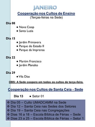 Cooperação nos Cultos de Ensino
                       (Terças-feiras na Sede)
Dia 08
         ● Nova Coop
         ● Santa Luzia

Dia 15
         ● Jardim Primavera
         ● Parque do Estado II
         ● Parque da Imprensa

Dia 22
         ● Martim Francisco
         ● Jardim Planalto

Dia 29
         ● Vila Dias
 OBS: A Sede coopera em todos os cultos de terça-feira.

 Cooperação nos Cultos de Santa Ceia - Sede
     Dia 13        ● Setor 01
 Dia 05 – Culto UMADCAMM na Sede
 Dia 12 – Santa Ceia nas Sedes dos Setores
 Dia 19 – Santa Ceia nas Congregações
 Dias 16 a 18 – Escola Bíblica de Férias – Sede
 Dias 23 a 25 – Escola Bíblica de Férias – Setor 1
 