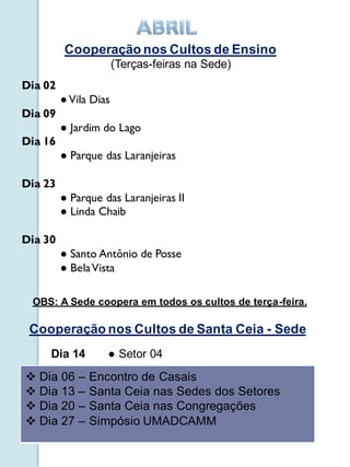 Cooperação nos Cultos de Ensino
                       (Terças-feiras na Sede)
Dia 02
         ● Vila Dias
Dia 09
         ● Jardim do Lago
Dia 16
         ● Parque das Laranjeiras

Dia 23
         ● Parque das Laranjeiras II
         ● Linda Chaib

Dia 30
         ● Santo Antônio de Posse
         ● Bela Vista

 OBS: A Sede coopera em todos os cultos de terça-feira.

 Cooperação nos Cultos de Santa Ceia - Sede
     Dia 14        ● Setor 04
 Dia 06 –     Encontro de Casais
 Dia 13 –     Santa Ceia nas Sedes dos Setores
 Dia 20 –     Santa Ceia nas Congregações
 Dia 27 –     Simpósio UMADCAMM
 