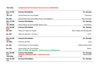 Dia todo    Compromisso Provincial: dias 13,14 e 15/08/2012


Dia 16/08   Evento/Atividades                                                   Pe. George
QUI
Ás 17h      Santa Missa Na Comunidade                                             Cardozos

Ás 19h      Santa Missa Na Comunidade N.Sra. Das Alegrias                     Sítio Piranhas
Dia 17/08   Evento/Atividades                                                   Pe. George
SEX
 Ás 16h30   Santa Missa na Comunidade Santa Luzia                                Trincheiras
Dia 18/08   Evento/Atividades                                                   Pe. George
SÁB
ÁS 16h      Missa em Ação de Graças                               Olho D’Água dos Borges/RN

Ás 19h      Missa da Aliança e do Amor                                                I.P.É.


Dia 19/08   Evento/Atividades                                                   Pe. George
DOM
Ás 08h      Romaria do ECC                                                             Lima

Ás 16h      Santa Missa na Comunidade                                     Rafael Godeiro/RN

Ás 19h      Santa Missa na Comunidade                                                Matriz
            Obs: 3º Dom. de Agosto – Coletas para as Religiosas
Dia 20/08   Evento/Atividades                                                   Pe. George
SEG         Viagem a Mossoró/RN – retorno às 21h                                Mossoró/RN
 Dia todo   Folga
Dia 21/08   Evento/Atividades                                                   Pe. George
TER
 