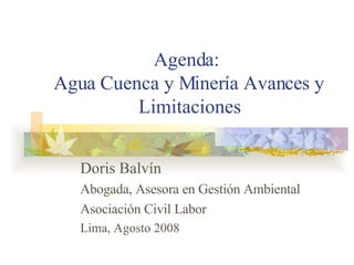 Agenda:  Agua Cuenca y Minería Avances y Limitaciones Doris Balvín Abogada, Asesora en Gestión Ambiental  Asociación Civil Labor  Lima, Agosto 2008 
