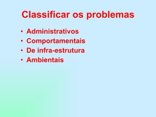 Classificar os problemas Administrativos Comportamentais De infra-estrutura Ambientais 