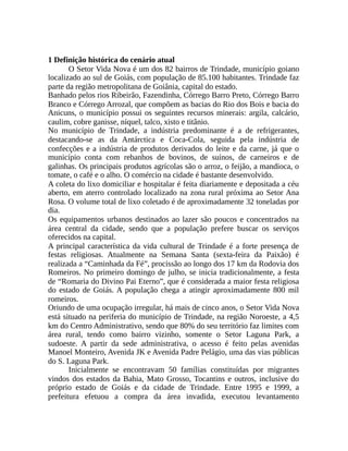1 Definição histórica do cenário atual
O Setor Vida Nova é um dos 82 bairros de Trindade, município goiano
localizado ao sul de Goiás, com população de 85.100 habitantes. Trindade faz
parte da região metropolitana de Goiânia, capital do estado.
Banhado pelos rios Ribeirão, Fazendinha, Córrego Barro Preto, Córrego Barro
Branco e Córrego Arrozal, que compõem as bacias do Rio dos Bois e bacia do
Anicuns, o município possui os seguintes recursos minerais: argila, calcário,
caulim, cobre ganisse, níquel, talco, xisto e titânio.
No município de Trindade, a indústria predominante é a de refrigerantes,
destacando-se as da Antárctica e Coca-Cola, seguida pela indústria de
confecções e a indústria de produtos derivados do leite e da carne, já que o
município conta com rebanhos de bovinos, de suínos, de carneiros e de
galinhas. Os principais produtos agrícolas são o arroz, o feijão, a mandioca, o
tomate, o café e o alho. O comércio na cidade é bastante desenvolvido.
A coleta do lixo domiciliar e hospitalar é feita diariamente e depositada a céu
aberto, em aterro controlado localizado na zona rural próxima ao Setor Ana
Rosa. O volume total de lixo coletado é de aproximadamente 32 toneladas por
dia.
Os equipamentos urbanos destinados ao lazer são poucos e concentrados na
área central da cidade, sendo que a população prefere buscar os serviços
oferecidos na capital.
A principal característica da vida cultural de Trindade é a forte presença de
festas religiosas. Atualmente na Semana Santa (sexta-feira da Paixão) é
realizada a “Caminhada da Fé”, procissão ao longo dos 17 km da Rodovia dos
Romeiros. No primeiro domingo de julho, se inicia tradicionalmente, a festa
de “Romaria do Divino Pai Eterno”, que é considerada a maior festa religiosa
do estado de Goiás. A população chega a atingir aproximadamente 800 mil
romeiros.
Oriundo de uma ocupação irregular, há mais de cinco anos, o Setor Vida Nova
está situado na periferia do município de Trindade, na região Noroeste, a 4,5
km do Centro Administrativo, sendo que 80% do seu território faz limites com
área rural, tendo como bairro vizinho, somente o Setor Laguna Park, a
sudoeste. A partir da sede administrativa, o acesso é feito pelas avenidas
Manoel Monteiro, Avenida JK e Avenida Padre Pelágio, uma das vias públicas
do S. Laguna Park.
Inicialmente se encontravam 50 famílias constituídas por migrantes
vindos dos estados da Bahia, Mato Grosso, Tocantins e outros, inclusive do
próprio estado de Goiás e da cidade de Trindade. Entre 1995 e 1999, a
prefeitura efetuou a compra da área invadida, executou levantamento
 