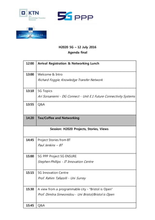 H2020 5G – 12 July 2016
Agenda final
12:00 Arrival Registration & Networking Lunch
13:00 Welcome & Intro
Richard Foggie, Knowledge Transfer Network
13:10 5G Topics
Ari Sorsaniemi - DG Connect - Unit E.1 Future Connectivity Systems
13:55 Q&A
14:20 Tea/Coffee and Networking
Session: H2020 Projects, Stories, Views
14:45 Project Stories from BT
Paul Jenkins – BT
15:00 5G PPP Project 5G ENSURE
Stephen Phillips - IT Innovation Centre
15:15 5G Innovation Centre
Prof. Rahim Tafazolli - Uni Surrey
15:30 A view from a programmable city - "Bristol is Open"
Prof. Dimitra Simeonidou - Uni Bristol/Bristol is Open
15:45 Q&A
 