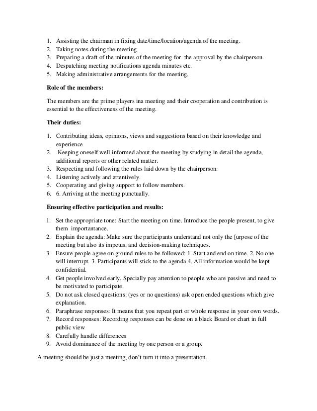 Agenda and the role of chair person and others