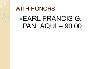 WITH HONORS
EARL FRANCIS G.
PANLAQUI – 90.00
 
