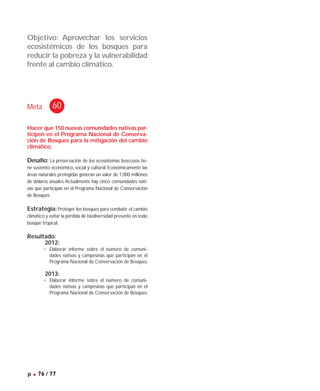Hacer que 150 nuevas comunidades nativas par-
ticipen en el Programa Nacional de Conserva-
ción de Bosques para la mitigación del cambio
climático.
Desafío: La preservación de los ecosistemas boscosos tie-
ne sustento económico, social y cultural. Económicamente las
áreas naturales protegidas generan un valor de 1,000 millones
de dólares anuales.Actualmente hay cinco comunidades nati-
vas que participan en el Programa Nacional de Conservación
de Bosques.
Estrategia: Proteger los bosques para combatir el cambio
climático y evitar la pérdida de biodiversidad presente en todo
bosque tropical.
Resultado:
2012:
• Elaborar informe sobre el número de comuni-
dades nativas y campesinas que participan en el
Programa Nacional de Conservación de Bosques.
2013:
• Elaborar informe sobre el número de comuni-
dades nativas y campesinas que participan en el
Programa Nacional de Conservación de Bosques.
Objetivo: Aprovechar los servicios
ecosistémicos de los bosques para
reducir la pobreza y la vulnerabilidad
frente al cambio climático.
Meta 60
p .76 / 77
 