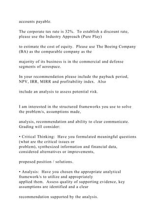 accounts payable.
The corporate tax rate is 32%. To establish a discount rate,
please use the Industry Approach (Pure Play)
to estimate the cost of equity. Please use The Boeing Company
(BA) as the comparable company as the
majority of its business is in the commercial and defense
segments of aerospace.
In your recommendation please include the payback period,
NPV, IRR, MIRR and profitability index. Also
include an analysis to assess potential risk.
I am interested in the structured frameworks you use to solve
the problem/s, assumptions made,
analysis, recommendation and ability to clear communicate.
Grading will consider:
• Critical Thinking: Have you formulated meaningful questions
(what are the critical issues or
problem), synthesized information and financial data,
considered alternatives or improvements,
proposed position / solutions.
• Analysis: Have you chosen the appropriate analytical
framework/s to utilize and appropriately
applied them. Assess quality of supporting evidence, key
assumptions are identified and a clear
recommendation supported by the analysis.
 
