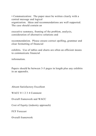 • Communication: The paper must be written clearly with a
central message and logical
organization. Ideas and recommendations are well supported.
The case should contain an
executive summary, framing of the problem, analysis,
consideration of alternative solutions and
recommendation. Please ensure correct spelling, grammar and
clear formatting of financial
exhibits. Use of tables and charts are often an efficient means
to communicate financial
information.
Papers should be between 3-5 pages in length plus any exhibits
in an appendix.
Absent Satisfactory Excellent
WACC 0 1 2 3 4 Comment
Overall framework and WACC
Cost of Equity (industry approach)
FCF Forecast
Overall framework
 