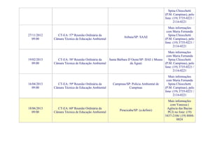 Spina Chiocchetti
                                                                                         (P.M. Campinas), pelo
                                                                                         fone: (19) 3735-0221 /
                                                                                               2116-0221
                                                                                           Mais informações
                                                                                          com Maria Fernanda
27/11/2012     CT-EA: 57ª Reunião Ordinária da                                             Spina Chiocchetti
                                                             Atibaia/SP: SAAE
  09:00      Câmara Técnica de Educação Ambiental                                        (P.M. Campinas), pelo
                                                                                         fone: (19) 3735-0221 /
                                                                                               2116-0221
                                                                                          Mais informações
                                                                                         com Maria Fernanda
19/02/2013     CT-EA: 58ª Reunião Ordinária da    Santa Bárbara D´Oeste/SP: DAE ( Museu   Spina Chiocchetti
  09:00      Câmara Técnica de Educação Ambiental                da Água)               (P.M. Campinas), pelo
                                                                                        fone: (19) 3735-0221 /
                                                                                              2116-0221
                                                                                           Mais informações
                                                                                          com Maria Fernanda
16/04/2013     CT-EA: 59ª Reunião Ordinária da       Campinas/SP: Polícia Ambiental de     Spina Chiocchetti
  09:00      Câmara Técnica de Educação Ambiental               Campinas                 (P.M. Campinas), pelo
                                                                                         fone: (19) 3735-0221 /
                                                                                               2116-0221
                                                                                           Mais informações
                                                                                            com Vanessa (
18/06/2013     CT-EA: 60ª Reunião Ordinária da                                            Agência das Bacias
                                                          Piracicaba/SP: (a definir)
  09:00      Câmara Técnica de Educação Ambiental                                          PCJ) no fone: (19)
                                                                                         3437-2106/ (19) 8888-
                                                                                                 0024
 