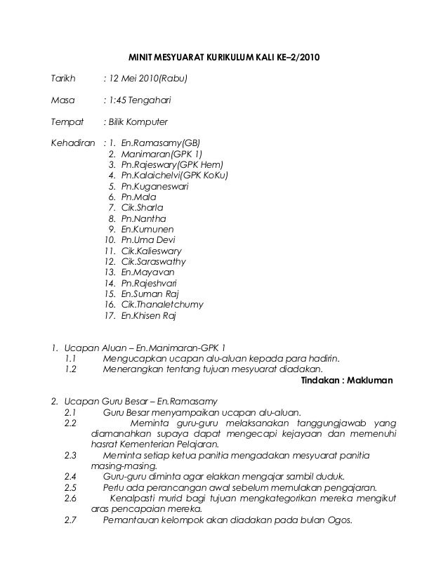 Agenda dan minit mesyuarat kurikulum 2010