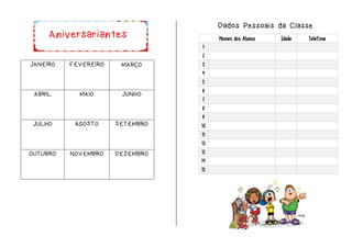JANEIRO FEVEREIRO MARÇO
ABRIL MAIO JUNHO
JULHO AGOSTO SETEMBRO
OUTUBRO NOVEMBRO DEZEMBRO
Dados Pessoais da Classe
Nomes dos Alunos Idade Telefone
1
2
3
4
5
6
7
8
9
10
11
13
12
14
15
Aniversariantes
 
