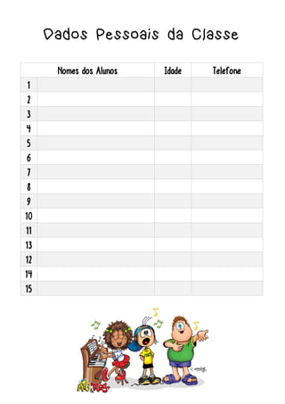 Dados Pessoais da Classe
Nomes dos Alunos Idade Telefone
1
2
3
4
5
6
7
8
9
10
11
13
12
14
15
 