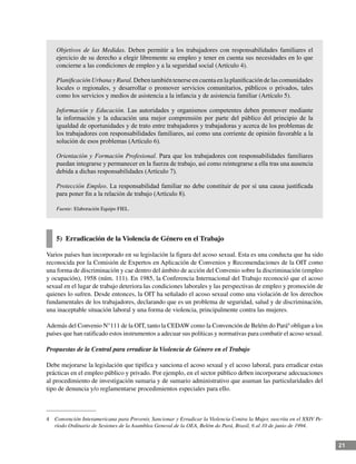 21
Objetivos de las Medidas. Deben permitir a los trabajadores con responsabilidades familiares el
ejercicio de su derecho a elegir libremente su empleo y tener en cuenta sus necesidades en lo que
concierne a las condiciones de empleo y a la seguridad social (Artículo 4).
Planificación Urbana y Rural. Deben también tenerse en cuenta en la planificación de las comunidades
locales o regionales, y desarrollar o promover servicios comunitarios, públicos o privados, tales
como los servicios y medios de asistencia a la infancia y de asistencia familiar (Artículo 5).
Información y Educación. Las autoridades y organismos competentes deben promover mediante
la información y la educación una mejor comprensión por parte del público del principio de la
igualdad de oportunidades y de trato entre trabajadores y trabajadoras y acerca de los problemas de
los trabajadores con responsabilidades familiares, así como una corriente de opinión favorable a la
solución de esos problemas (Artículo 6).
Orientación y Formación Profesional. Para que los trabajadores con responsabilidades familiares
puedan integrarse y permanecer en la fuerza de trabajo, así como reintegrarse a ella tras una ausencia
debida a dichas responsabilidades (Artículo 7).
Protección Empleo. La responsabilidad familiar no debe constituir de por sí una causa justificada
para poner fin a la relación de trabajo (Artículo 8).
Fuente: Elaboración Equipo FIEL.
5) Erradicación de la Violencia de Género en el Trabajo
Varios países han incorporado en su legislación la figura del acoso sexual. Esta es una conducta que ha sido
reconocida por la Comisión de Expertos en Aplicación de Convenios y Recomendaciones de la OIT como
una forma de discriminación y cae dentro del ámbito de acción del Convenio sobre la discriminación (empleo
y ocupación), 1958 (núm. 111). En 1985, la Conferencia Internacional del Trabajo reconoció que el acoso
sexual en el lugar de trabajo deteriora las condiciones laborales y las perspectivas de empleo y promoción de
quienes lo sufren. Desde entonces, la OIT ha señalado el acoso sexual como una violación de los derechos
fundamentales de los trabajadores, declarando que es un problema de seguridad, salud y de discriminación,
una inaceptable situación laboral y una forma de violencia, principalmente contra las mujeres.
Además del Convenio N°111 de la OIT, tanto la CEDAW como la Convención de Belém do Pará4
obligan a los
países que han ratificado estos instrumentos a adecuar sus políticas y normativas para combatir el acoso sexual.
Propuestas de la Central para erradicar la Violencia de Género en el Trabajo
Debe mejorarse la legislación que tipifica y sanciona el acoso sexual y el acoso laboral, para erradicar estas
prácticas en el empleo público y privado. Por ejemplo, en el sector público deben incorporarse adecuaciones
al procedimiento de investigación sumaria y de sumario administrativo que asuman las particularidades del
tipo de denuncia y/o reglamentarse procedimientos especiales para ello.
4	 Convención Interamericana para Prevenir, Sancionar y Erradicar la Violencia Contra la Mujer, suscrita en el XXIV Pe-
ríodo Ordinario de Sesiones de la Asamblea General de la OEA, Belém do Pará, Brasil, 6 al 10 de junio de 1994.
 
