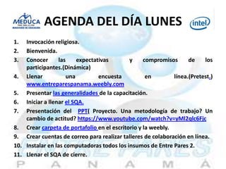 AGENDA DEL DÍA LUNES
1. Invocación religiosa.
2. Bienvenida.
3. Conocer las expectativas y compromisos de los
participantes.(Dinámica)
4. Llenar una encuesta en línea.(Pretest.)
www.entreparespanama.weebly.com
5. Presentar las generalidades de la capacitación.
6. Iniciar a llenar el SQA.
7. Presentación del PPT( Proyecto. Una metodología de trabajo? Un
cambio de actitud? https://www.youtube.com/watch?v=yMl2qlc6Fjc
8. Crear carpeta de portafolio en el escritorio y la weebly.
9. Crear cuentas de correo para realizar talleres de colaboración en línea.
10. Instalar en las computadoras todos los insumos de Entre Pares 2.
11. Llenar el SQA de cierre.
 