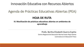 Profa. Bertha Elizabeth Guerra Espitia
Centro Regional de Educación Normal Javier Rojo Gómez
Licenciatura en Educación Física
IV. Movilización de prácticas educativas abiertas en ambientes de
aprendizaje
 