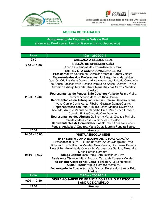 AGENDA DE TRABALHO
Agrupamento de Escolas de Vale de Ovil
(Educação Pré-Escolar, Ensino Básico e Ensino Secundário)

Hora
...