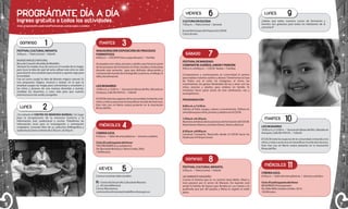 PROGRÁMATE DÍA A DÍA

VIERNES

Ingreso gratuito a todas las actividades

6

CULTURA EN ESCENA
7:00 p.m. / Patio Central / General

*Esta programación puede tener variaciones y estar sujeta a cambios

9

LUNES

¿Sabías que todos nuestros cursos de formación y
eventos son gratuitos para todos los habitantes de la
comuna 4?

Ensamble Grupos de Proyección CDCM.
Cierre de año.

DOMINGO

1

FESTIVAL CULTURAL INFANTIL
3:00 p.m. / Patio Central / Infantil
MUNDO MÁGICO NATURAL
Beca de Creación Alcaldía de Medellín.
Siempre he estado muy de cerca en el mundo de la magia,
pero tuve la idea de qué tal sería utilizar este arte no solo
para divertir sino también para enseñar y aportar algo para
la sociedad.
Fue así como surgió la idea de Mundo mágico natural. Es
una propuesta mágica, musical y teatral, en la que se
emplean juegos de magia para concientizar y enseñarle a
los niños y jóvenes de una manera divertida a reciclar,
reutilizar los desechos, y crear vida para que nuestro
entorno luzca más verde y acogedor.

LUNES

2

¿Ya visitaste el CENTRO DE MEMORIA BARRIAL? Un lugar
para la recuperación de la memoria histórica y la
información oral, audiovisual y escrita. Plataforma de
información local para la investigación y orientación
ciudadana. Consulta libre de su colección bibliográfica y
audiovisual, lunes a viernes de 2:30 p.m. a 6:30 p.m.

MARTES

3

INAUGURACIÓN EXPOSICIÓN DE PROCESOS
FORMATIVOS

SÁBADO

6:00 p.m. / CDCM (Primer y segundo piso) / Familiar
Acompaña a los niños, jóvenes y adultos que hicieron parte
de los procesos de Formación en Artes visuales y Artesanías
durante este semestre para que disfrutes observando y
conozcas del mundo de la fotografía, la pintura, el dibujo, la
talla y las artesanías.

LEO MI BARRIO
10:00 a.m. a 12:00 m. / Asociación Brisas del Río. Ubicado en
Aranjuez, Calle 96-#44ª24. / Infantil
El CDCM visita los espacios de la comunidad, invitando a los
niños y niñas a acercarse al maravilloso mundo de la lectura.
Este mes Leo mi Barrio estará presente en la Asociación
Brisas del Río.

MIÉRCOLES

4

CINEMA AZUL
6:30 p.m. / Salón de artes plásticas / Jóvenes y adultos

7

FESTIVAL DE NAVIDAD:
COMPARTIR: SUEÑOS, AMOR Y PERDÓN
9:00 a.m. a 8:00 p.m. / CDCM - Nodos / Familiar
Compartamos y construyamos en comunidad el camino
para realizar nuestros sueños y deseos. Tomémonos la Casa
de Todos con el color, las imágenes, el ritmo, los
movimientos, los gestos llenándola de luz y amor con los
niños, jóvenes y adultos para celebrar en familia. Te
invitamos hacer parte activa de esta celebración, ven y
acompáñanos.
PROGRAMACIÓN:
9:00 a.m. a 12:30 m.
Talleres al Patio: Juegos, colores y movimientos. Talleres en
simultánea para niños, jóvenes y adultos en el CDCM.
1:30 p.m. a 6.30 p.m.
Muestras artísticas de los procesos de Formación del CDCM.
Movimiento, Ritmos y sonidos (Danza, Teatro y Música)
6:30 p.m. a 8:00 p.m.
Carnaval: Compartir. Recorrido desde el CDCM hacia los
Nodos por el Parque Lineal.

Ciclo: El sutil espanto del Amor
THE DREAMERS (Los soñadores)
Dir. Bernardo Bertolucci. Reino Unido. 2003.
120 Minutos.

DOMINGO
JUEVES

5

Conoce nuestras redes sociales:
Centro de Desarrollo Cultural de Moravia
@CulturalMoravia
Correo Electrónico:
centroculturalmoravia@medellincultura.gov.co

6

MARTES

10

LEO MI BARRIO
10:00 a.m. a 12:00 m. / Asociación Brisas del Río. Ubicado en
Aranjuez, Calle 96-#44ª24. / Infantil
El CDCM visita los espacios de la comunidad, invitando a los
niños y niñas a acercarse al maravilloso mundo de la lectura.
Este mes Leo mi Barrio estará presente en la Asociación
Brisas del Río.

8

FESTIVAL CULTURAL INFANTIL
3:00 p.m. / Patio Central / Infantil
UN AMBIENTE NAVIDEÑO
Cuenta la historia que en su camino hacia Belén, María y
José pasaron por el sector de Moravia. De repente José
arrojó la bolsita de basura que llevaba en sus manos a la
quebrada que por allí pasaba y María lo regañó al estilo
paisa.

MIÉRCOLES

11

CINEMA AZUL
6:30 p.m. / Salón de artes plásticas / Jóvenes y adultos
Ciclo: El sutil espanto del Amor
BEGINNERS (Principiantes)
Dir. Mike Mills. Estados Unidos. 2010.
105 Minutos.

7

 