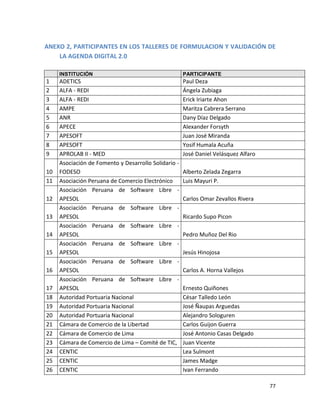 ANEXO 2, PARTICIPANTES EN LOS TALLERES DE FORMULACION Y VALIDACIÓN DE
    LA AGENDA DIGITAL 2.0

     INSTITUCIÓN                                      PARTICIPANTE
1    ADETICS                                          Paul Deza
2    ALFA - REDI                                      Ángela Zubiaga
3    ALFA - REDI                                      Erick Iriarte Ahon
4    AMPE                                             Maritza Cabrera Serrano
5    ANR                                              Dany Díaz Delgado
6    APECE                                            Alexander Forsyth
7    APESOFT                                          Juan José Miranda
8    APESOFT                                          Yosif Humala Acuña
9    APROLAB II - MED                                 José Daniel Velásquez Alfaro
     Asociación de Fomento y Desarrollo Solidario -
10   FODESO                                           Alberto Zelada Zegarra
11   Asociación Peruana de Comercio Electrónico       Luis Mayuri P.
     Asociación Peruana de Software Libre -
12   APESOL                                           Carlos Omar Zevallos Rivera
     Asociación Peruana de Software Libre -
13   APESOL                                           Ricardo Supo Picon
     Asociación Peruana de Software Libre -
14   APESOL                                           Pedro Muñoz Del Rio
     Asociación Peruana de Software Libre -
15   APESOL                                           Jesús Hinojosa
     Asociación Peruana de Software Libre -
16   APESOL                                           Carlos A. Horna Vallejos
     Asociación Peruana de Software Libre -
17   APESOL                                           Ernesto Quiñones
18   Autoridad Portuaria Nacional                     César Talledo León
19   Autoridad Portuaria Nacional                     José Ñaupas Arguedas
20   Autoridad Portuaria Nacional                     Alejandro Sologuren
21   Cámara de Comercio de la Libertad                Carlos Guijon Guerra
22   Cámara de Comercio de Lima                       José Antonio Casas Delgado
23   Cámara de Comercio de Lima – Comité de TIC,      Juan Vicente
24   CENTIC                                           Lea Sulmont
25   CENTIC                                           James Madge
26   CENTIC                                           Ivan Ferrando

                                                                                     77
 
