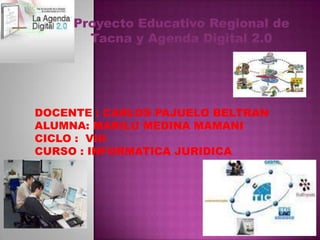 Proyecto Educativo Regional de
       Tacna y Agenda Digital 2.0




DOCENTE : CARLOS PAJUELO BELTRAN
ALUMNA: MARILU MEDINA MAMANI
CICLO : VIII
CURSO : INFORMATICA JURIDICA
 