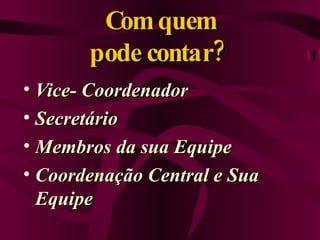 Com quem pode contar?  Vice- Coordenador Secretário Membros da sua Equipe Coordenação Central e Sua Equipe 