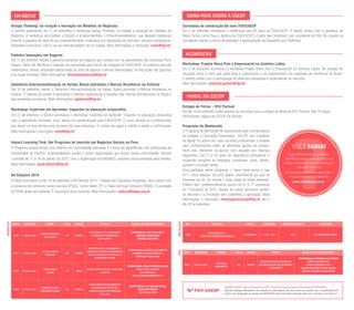 SAIBA MAIS SOBRE A EAESP 
Cerimônia de celebração 60 anos FGV/EAESP 
Em 2 de setembro aconteceu a celebração dos 60 anos da FGV/EAESP. O evento contou com a presença de Maria Tereza Leme Fleury, diretora da FGV/EAESP e Carlos Ivan Simonsen Leal, presidente da FGV. Na ocasião os convidados tiveram a honra de prestigiar a apresentação da Orquestra Jazz Sinfônica. 
MURAL DA CECOP 
Estágio de Férias – BTG Pactual 
Até dia 14 de setembro estão abertas as inscrições para o estágio de férias do BTG Pactual. São 10 vagas. 
Informações: página da CECOP na intranet. 
Programa de Mentorado 
O Programa de Mentorado foi desenvolvido pela Coordenadoria de Estágios e Colocação Profissional - CECOP com o objetivo de apoiar os alunos em suas escolhas profissionais e ampliar seus conhecimentos sobre as diferentes opções de carreira. Perfil dos mentores: ex-alunos com atuação em diversos segmentos com 7 a 20 anos de experiência profissional e ocupando posições de destaque: presidente, sócio, diretor, gerente e consultor sênior. 
Para participar deste programa, o aluno deve enviar o seu CV + uma redação, de uma página, explicitando por que se interessa em ter um mentor e duas áreas de maior interesse. Público alvo: preferencialmente alunos do 6° e 7° semestres no 1°semestre de 2015. Alunos de outros semestres podem se inscrever e a inscrição será submetida à aprovação. Mais informações e inscrições: mensagenscecop@fgv.br até o dia 30 de setembro. 
DATA 
HORÁRIO 
NOME 
SALA 
CURSO 
TÍTULO 
BANCA DE PROFESSORES 
08/09 
15:00 às 17:00 
EVANDRO PENTEADO VILLAR FELIX 
ND 
CDNAPG 
EXISTE TRADE OFF ENTRE QUALIDADE E EFICIÊNCIA NAS ORGANIZAÇÕES HOSPITALARES? 
ORIENTADOR(A): ANA MARIA MALIK 
ABRAHAM LAREDO SICSÚ 
MAUREEN ANN LEWIS 
12/09 
14:00 às 16:00 
ADILSON CARLOS YOSHIKUNI 
ND 
CDNAPG 
UM ESTUDO SOBRE O ALINHAMENTO DA TECNOLOGIA DE INFORMAÇÃO NA RELAÇÃO ENTRE A ORIENTAÇÃO ESTRATÉGICA E O DESEMPENHO DA FIRMA 
ORIENTADOR(A): ALBERTO LUIZ ALBERTIN 
FERNANDO DE SOUZA MEIRELLES 
DIÓGENES DE SOUZA BIDO 
18/09 
14:30 às 16:30 
DANILO BRAUN SANTOS 
ND 
CDNAE 
ENSAIOS SOBRE CRÉDITO AO CONSUMIDOR NO BRASIL 
ORIENTADOR(A): WESLEY MENDES DA SILVA 
RAFAEL FELIPE SCHIOZER 
ROY MARTELANC 
NAERCIO AQUINO MENEZES FILHO 
24/09 
13:30 às 15:30 
ROBERTO EDUARDO SERACINSKIS JUNIOR 
ND 
CMNAPG 
A TEORIA NOVO DESENVOLVIMENTISTA EM COMPARAÇÃO TEÓRICA COM ESTRUTURALISMO LATINO AMERICANO 
(1940-1960) 
ORIENTADOR(A): LUIZ CARLOS BRESSER GONÇALVES PEREIRA 
ROSA MARIA VIEIRA 
PROPOSTA 
DATA 
HORÁRIO 
NOME 
SALA 
CURSO 
TÍTULO 
BANCA DE PROFESSORES 
05/09 
14:00 às 18:00 
ANA PAULA MASSONETTO 
ND 
CDNAPG 
PRESIDENCIALISMO ESTADUAL EM SÃO PAULO: O QUÊ UNE OS PARTIDOS NA COALIZÃO? 
ORIENTADOR(A): FERNANDO LUIZ ABRUCIO 
GEORGE AVELINO FILHO 
CLAUDIO GONÇALVES COUTO 
FABIANO GUILHERME MENDES SANTOS 
FABRICIO RICARDO DE LIMAS TOMIO 
TESE 
AGENDA EAESP é uma publicação da DCM - Divisão de Comunicação e Marketing da FGV/EAESP 
Havendo qualquer divergência com relação às informações, por favor entre em contato com o responsável pelo evento. Para divulgação de eventos da FGV/EAESP neste informativo semanal, envie um e-mail para: dcm@fgv.br 
EM BREVE 
Design Thinking: Co-criação e Inovação em Modelos de Negócios 
O GVcenn promoverá, dia 17 de setembro, o workshop Design Thinking: Co-criação e Inovação em Modelos de Negócios. O workshop será prático e dirigido à empreendedores e intraempreendedores, que desejam (re)pensar (re)criar a proposta de valor de seu empreendimento e relacioná-la a segmentos de mercado, recursos estratégicos, atividades e parceiros, com o uso de uma abordagem de co-criação. Mais informações e inscrições: cenn@fgv.br 
Palestra Inovações em Seguros 
Dia 17 de setembro haverá a palestra Inovações em seguros que contará com os palestrantes das empresas Porto Seguro, Swiss Re, Marítima e Segurar.com promovida pelo Fórum de Inovação da FGV/EAESP. Os públicos-alvo são empresários, alunos, empresas relacionadas ao setor de seguros e demais interessados. As inscrições são gratuitas e as vagas limitadas. Mais informações: forumdeinovacao@fgv.br 
Seminário Internacionalização do Varejo: Novos entrantes e Marcas Brasileiras no Exterior 
Dia 18 de setembro haverá o Seminário Internacionalização do Varejo: Novos entrantes e Marcas Brasileiras no Exterior. O objetivo do evento é apresentar e debater experiências e desafios das marcas internacionais no Brasil e das brasileiras no exterior. Mais informações: apoiocev@fgv.br 
Workshop: Expertise em Aprender: Impactos na educação corporativa 
Em 22 de setembro, o GVcenn promoverá o Workshop: Expertise em Aprender: Impactos na educação corporativa com o palestrante Fernando Jucá, doutor em administração pela FGV/EAESP. O curso destina-se a profissionais que atuam na área de recursos humanos de suas empresas. O número de vagas é restrito e sujeito a confirmação. 
Mais informações e inscrições: cenn@fgv.br 
Impact Learning Trek: Um Programa de Imersão em Negócios Sociais no Peru 
O Programa proporcionará uma vivência em comunidades peruanas e a troca de experiências com professores da Universidade do Pacífico, empreendedores sociais e outras organizações que atuam nestas comunidades, durante o período de 17 a 24 de janeiro de 2015, com a organização da EMZINGO, empresa social premiada pela Ashoka. 
Mais informações: tania.limeira@fgv.br 
DA Eleições 2014 
O DAGV promoverá no dia 10 de setembro o DA Eleições 2014 – Debate dos Deputados Estaduais. Que contará com a presença dos senhores Carlos Giannazi (PSOL), Carlos Neder (PT) e Paulo Henrique Schoueri (PMDB). O convidado do PSDB ainda será definido. É necessário fazer inscrição. Mais informações: cultural@dagv.org.br 
ACONTECEU 
Workshop: Projeto Risco País e Empresarial na América Latina 
Em 4 de setembro aconteceu o workshop Projeto Risco País e Empresarial na América Latina. Na ocasião foi discutido como o risco país pode frear o crescimento e os investimentos em empresas de excelência no Brasil. 
O evento contou com a participação de diversos professores e especialistas do mercado. 
Mais informações: vanessa.gomes@fgv.br 
VOCÊ SABIA? 
Que o Desafio Brasil pretende identificar os empreendedores com ideias e empresas mais inovadoras e de maior impacto? 
As inscrições podem ser feitas até o 
dia 14 de setembro pelo site 
www.desafiobr.com.br 
DESTAQUE 
DIA 
EVENTO 
LOCAL 
HORÁRIO 
DEPARTAMENTO 
CONTATO 
10/09 
DA ELEIÇÕES 2014 – 
DEBATE DOS DEPUTADOS ESTADUAIS 
SALÃO NOBRE 
11:30 - 12:30 
DAGV 
CULTURAL@DAGV.ORG.BR 