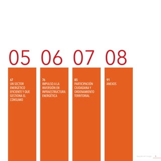 Agenda de Energía 5
05 06 07 08
67
UN SECTOR
ENERGÉTICO
EFICIENTE Y QUE
GESTIONA EL
CONSUMO
85
PARTICIPACIÓN
CIUDADANA y
ORDENAMIENTO
TERRITORIAL
76
IMPULSO A LA
INVERSIÓN EN
INFRAESTRUCTURA
ENERGÉTICA
91
Anexos
 