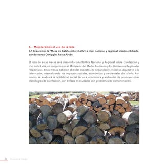 Ministerio de Energía54
6.	 Mejoraremos el uso de la leña
6.1 Crearemos la “Mesa de Calefacción y Leña”, a nivel nacional y regional, desde el Liberta-
dor Bernardo O`Higgins hasta Aysén.
El foco de estas mesas será desarrollar una Política Nacional y Regional sobre Calefacción y
Uso de la Leña, en conjunto con el Ministerio del Medio Ambiente y los Gobiernos Regionales
respectivos. Estas mesas deberán abordar aspectos de seguridad y el acceso equitativo a la
calefacción, internalizando los impactos sociales, económicos y ambientales de la leña. Asi-
mismo, se analizará la factibilidad social, técnica, económica y ambiental de promover otras
tecnologías de calefacción, con énfasis en ciudades con problemas de contaminación.
 