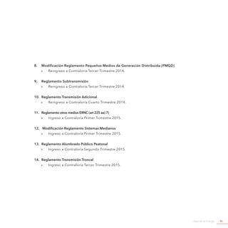 Agenda de Energía 95
8.	 Modificación Reglamento Pequeños Medios de Generación Distribuida (PMGD)
»» Reingreso a Contraloría Tercer Trimestre 2014.
9.	 Reglamento Subtransmisión
»» Reingreso a Contraloría Tercer Trimestre 2014.
10.	 Reglamento Transmisión Adicional
»» Reingreso a Contraloría Cuarto Trimestre 2014.
11.	 Reglamento otros medios ERNC (art 225 aa) 7)
»» Ingreso a Contraloría Primer Trimestre 2015.
12.	 Modificación Reglamento Sistemas Medianos
»» Ingreso a Contraloría Primer Trimestre 2015.
13.	 Reglamento Alumbrado Público Peatonal
»» Ingreso a Contraloría Segundo Trimestre 2015.
14.	 Reglamento Transmisión Troncal
»» Ingreso a Contraloría Tercer Trimestre 2015.
 