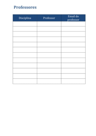 Professores
Disciplina Professor
Email do
professor
 