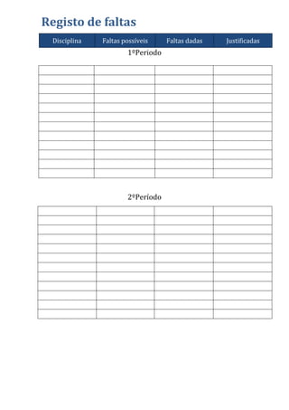 Registo de faltas
1ºPeriodo
2ºPeríodo
Disciplina Faltas possíveis Faltas dadas Justificadas
 