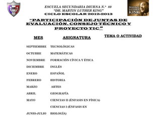 ESCUELA SECUNDARIA DIURNA N.° 80
                “DR. MARTIN LUTHER KING”
            CICLO ESCOLAR 2012-2013

 “PARTICIPACIÓN DE JUNTAS DE
EVALUACIÓN, CONSEJO TÉCNICO Y
        PROYECTO TIC”

                                                TEMA O ACTIVIDAD
    MES                ASIGNATURA

SEPTIEMBRE    TECNOLÓGICAS

OCTUBRE       MATEMÁTICAS

NOVIEMBRE     FORMACIÓN CÍVICA Y ÉTICA

DICIEMBRE     INGLÉS

ENERO         ESPAÑOL

FEBRERO       HISTORIA

MARZO          ARTES

ABRIL         GEOGRAFÍA

MAYO          CIENCIAS II (ÉNFASIS EN FÍSICA)

              CIENCIAS I (ÉNFASIS EN

JUNIO-JULIO   BIOLOGÍA)
 