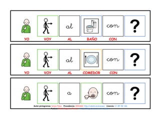 YO VOY AL BAÑO CON
YO VOY AL COMEDOR CON
Autor pictogramas: Sergio Palao Procedencia: ARASAAC http://catedu.es/arasaac/ Licencia: CC (BY-NC-SA)
Autora: Marta Regueiro Álvarez http://blog.educastur.es/incluyetic/
 